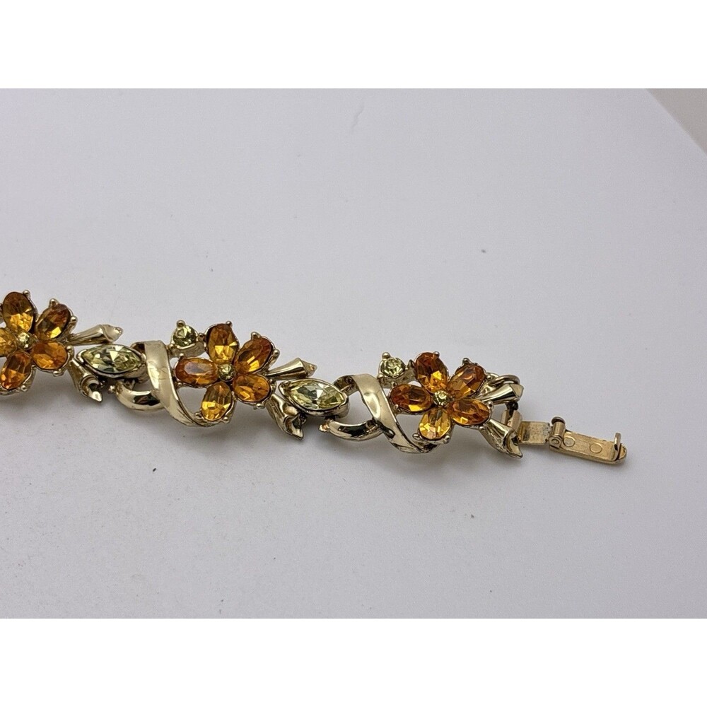 Coro Silver Amber Rhinestone Flower Vintage Jewelry Bracelet With Safety Clasp - Picture 9 of 9